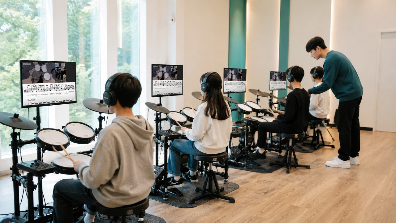 드럼메이트 학원: 전자드럼마다 모니터를 설치하고 강사 1명이 여러 학생을 동시에 지도하는 모습