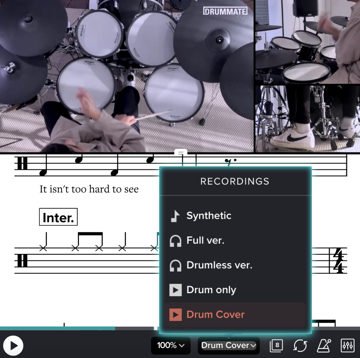 DRUMMATE 멀티소스 음원: 원곡, 드럼리스, 드럼 커버, 드럼 솔로